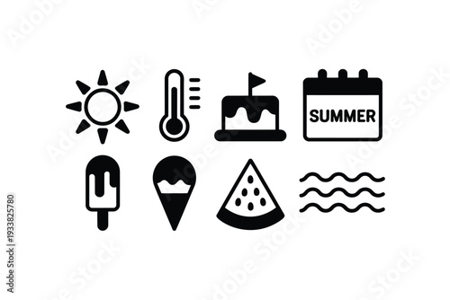Summer icon set with black silhouettes on a beige background