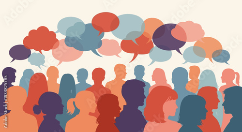Diverse Group Silhouettes with Speech Bubbles Representing Communication, Social Media, and Community Discussion