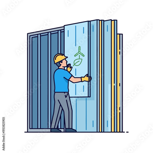 Sustainable Building Construction: Worker Installing Eco-Friendly Energy Efficient Wall Insulation Panels