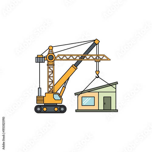 Cartoon Crane Lifting Modular Home Illustration - Modern Building and Real Estate Concept