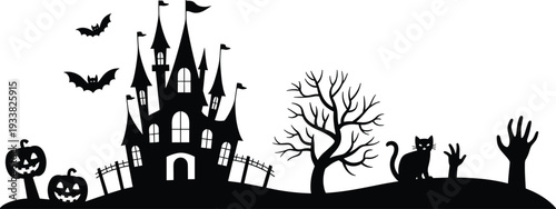 Black and white Halloween silhouette featuring haunted castle, pumpkins, bats, spooky tree and cat, creating eerie horror night scene vector illustration