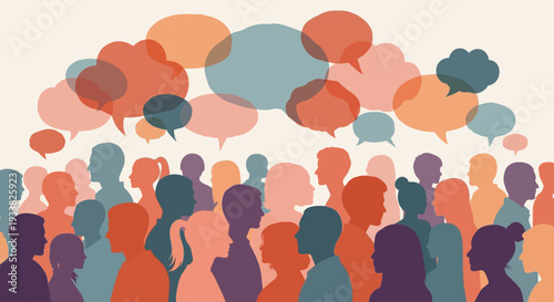 Diverse Crowd Communication: Silhouettes of People with Speech Bubbles Symbolizing Social Dialogue, Community, and Public Opinion