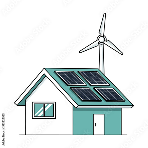 Eco-Friendly House with Solar Panels and Wind Turbine - Renewable Energy & Sustainable Living Concept