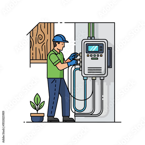 Skilled Electrician or Technician Working on Industrial Control Panel - Professional Maintenance & Repair Service Illustration