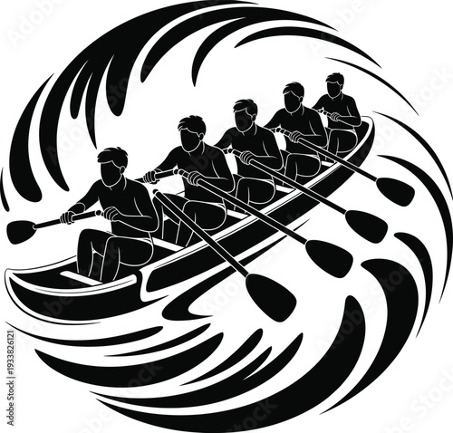 Black and white vector silhouette of four person rowing team paddling boat through swirling waves, symbolizing teamwork, competitive water sport and adventure