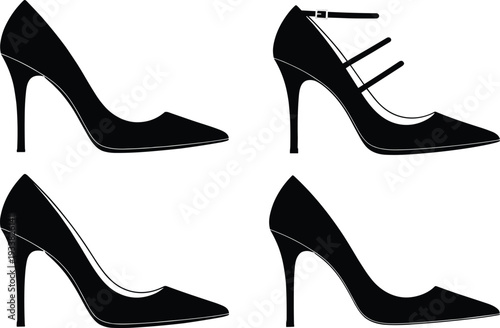 "Collection of four black silhouette illustrations of elegant stiletto high heel shoes with pointed toes and strap variations, stylish fashion footwear icons for design concepts"