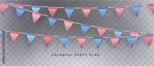 Colorful party flag bunting with triangular pennants on transparent background. Festive paper garland with red and blue flags with strips and polka dot pattern. Realistic 3D birthday decoration.