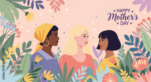 Happy Mother's Day Diverse Women Floral Celebration Illustration