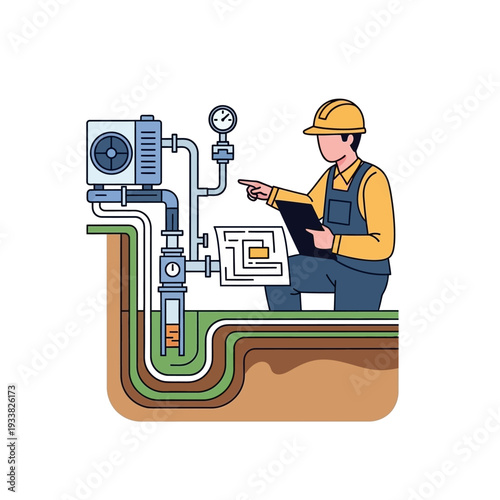 HVAC Technician Inspecting Underground Piping System with Gauge & Schematic. Geothermal Energy Installation and Maintenance.