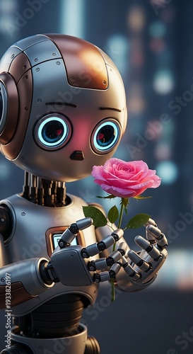 A robot tenderly holds a pink rose