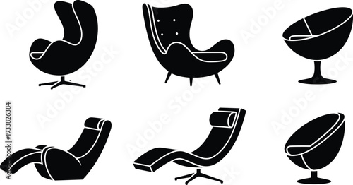 Modern designer lounge chairs set, black silhouette furniture collection, contemporary armchairs icons, stylish seating illustration, interior design vector