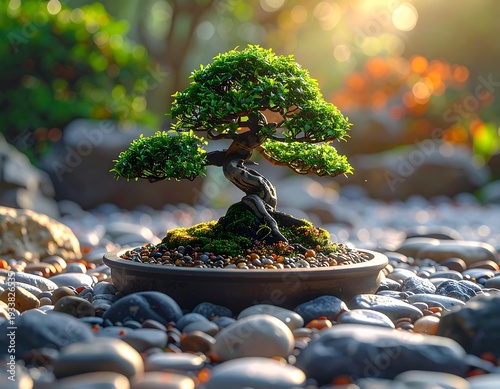 A small, meticulously crafted tree sits in a pot, surrounded by rocks and sunlight, in a tranquil outdoor setting