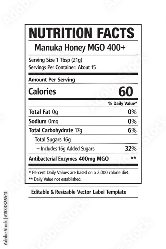 Manuka honey nutrition facts label cutout isolated illustration on transparent background layout