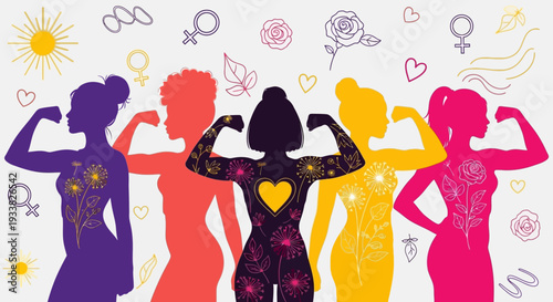 Women Empowerment & Diversity: Strong Female Silhouettes Flexing Biceps with Botanical Designs. Symbolizing Power, Unity, and Feminism.
