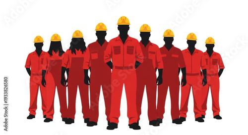 Construction Workers in Red Uniforms.