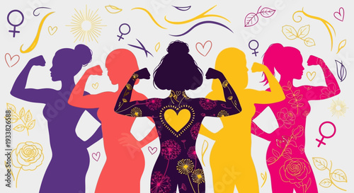 Empowered Women Flexing Biceps - Diverse Silhouettes Symbolizing Strength, Unity, and Feminism