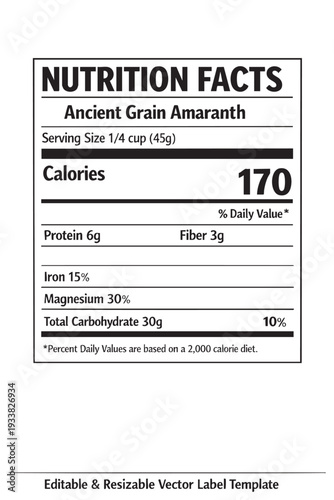 Nutrition facts label for amaranth grain cutout isolated illustration on transparent background layout