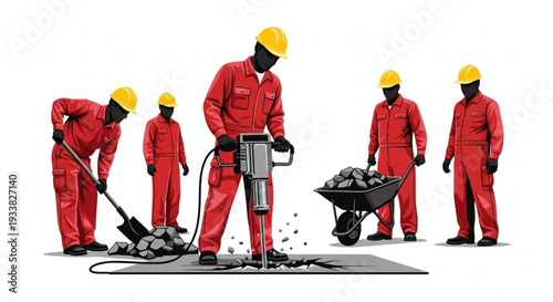 Construction Workers in Red Uniforms Demolishing Floor.