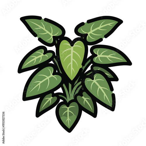 A vibrant green plant with multiple leaves and stems is depicted in a simple illustration style.