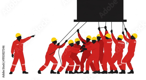 Construction workers in red uniforms lifting a heavy object together.