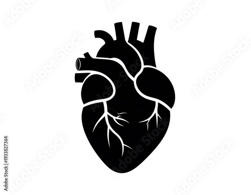 A simple, bold, black-and-white illustration of the human heart, depicting its anatomical form against a white background