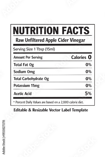 Nutrition facts label for apple cider vinegar cutout isolated illustration on transparent background layout