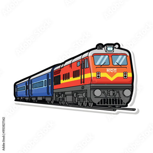 Vibrant train speeding along railway tracks with locomotive engine and carriages in dynamic illustration