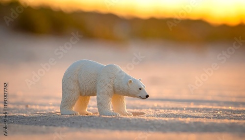 A small polar bear toy walks across a sunlit, sandy surface, bathed in a warm, golden sunrise or sunset