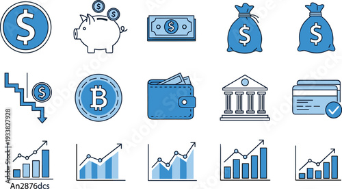 Comprehensive Blue Financial and Economy Icon Set with Money Bags, Bank Buildings, Credit Cards, Bitcoin, and Growth Charts for Business Apps and Investment Websites