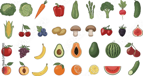 Large Set of Hand Drawn Fresh Fruits and Vegetables Including Broccoli, Watermelon, Banana, Tomato, and Berries for Grocery Store Branding, Healthy Eating Blogs, and Recipe Designs