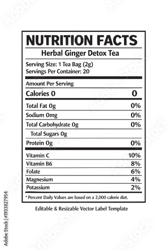 Nutrition facts label for herbal ginger detox tea cutout isolated illustration on transparent background layout