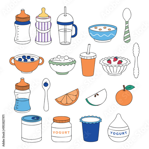 Baby Food & Feeding Essentials Vector Illustration Set on white background
