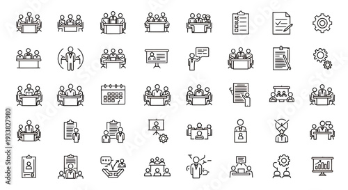 Collection of Small Group Meeting and Collaboration Icons in Outline Style.