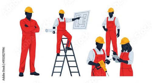 Construction Workers in Uniforms Engaged in Various Tasks.