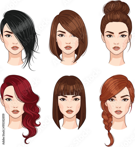 Women hairstyle avatars collection, female fashion haircuts set, beauty salon portrait icons, stylish girl characters vector illustration