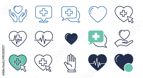 Collection of medical and health care icons featuring hearts, hands, shields, and pulse lines in outline and filled styles.