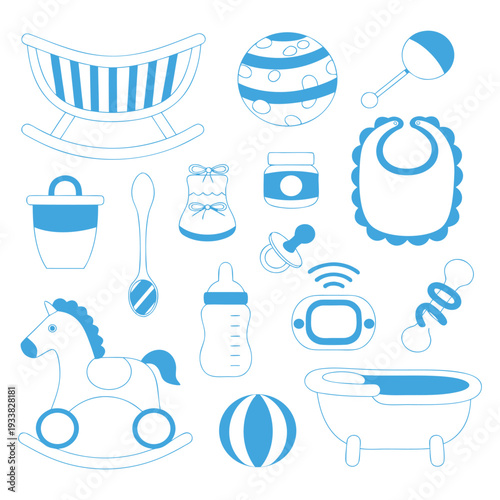 Baby and Newborn Essentials Vector Icon Set - Flat Line Art Illustration on white background