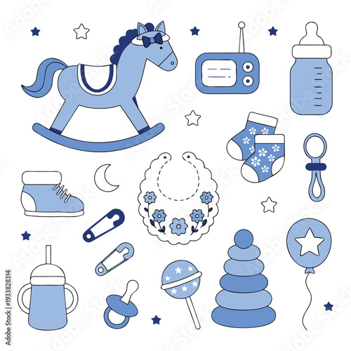Cute Blue Baby Boy Essentials Vector Illustration Set on white background