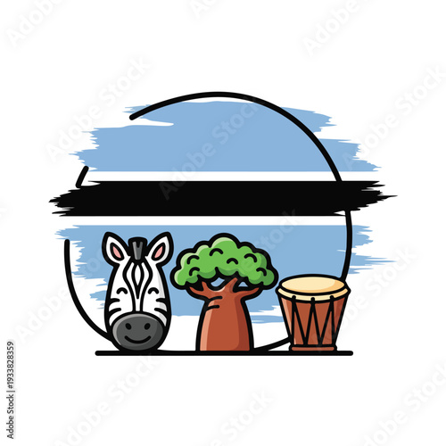 Zebra standing beside a tree and drum under a blue sky with a black banner