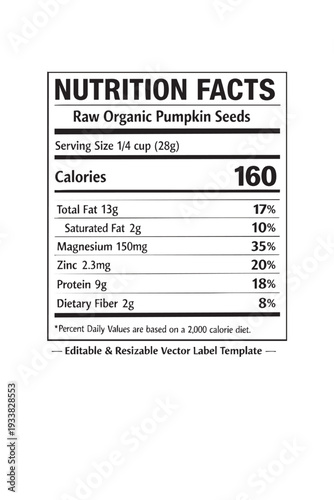 Nutrition facts label for raw organic pumpkin seeds cutout isolated illustration on transparent background layout