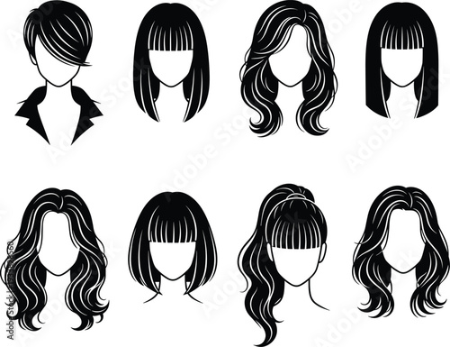 Women hairstyle silhouettes set, female haircuts collection, black hair style icons, beauty salon design elements, fashion vector illustration