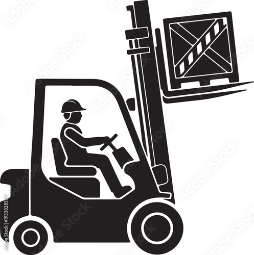 Efficient industrial operation a skilled worker uses a material handling forklift to lift a heavy crate, symbolizing streamlined warehouse logistics and cargo transport