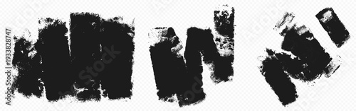 Black roller brush prints set isolated on transparent background. Vector realistic illustration of grunge abstract ink strokes line with rough texture, street art element, urban graffiti, paint stain