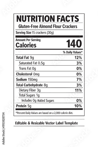Nutrition facts label gluten free almond flour crackers cutout isolated illustration on transparent background layout