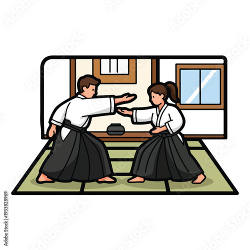 Two martial artists demonstrating aikido techniques facing each other in a traditional room with tatami mat and wooden accents