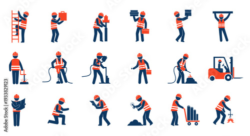 Set of 16 construction worker icons vector isolated on White Background