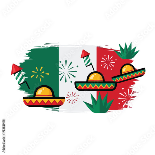 Vibrant Mexican Celebration with Sombreros and Fireworks Illustration