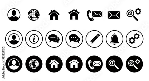 Collection of black circular UI icons representing messaging, navigation, and common actions for interface design.
