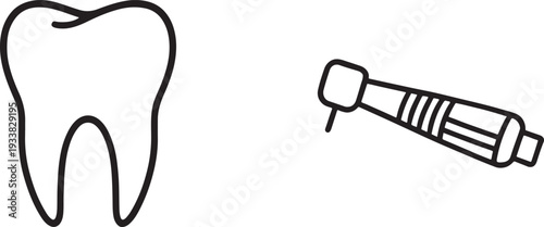 Tooth with dental drill in simple line art style on white background.
