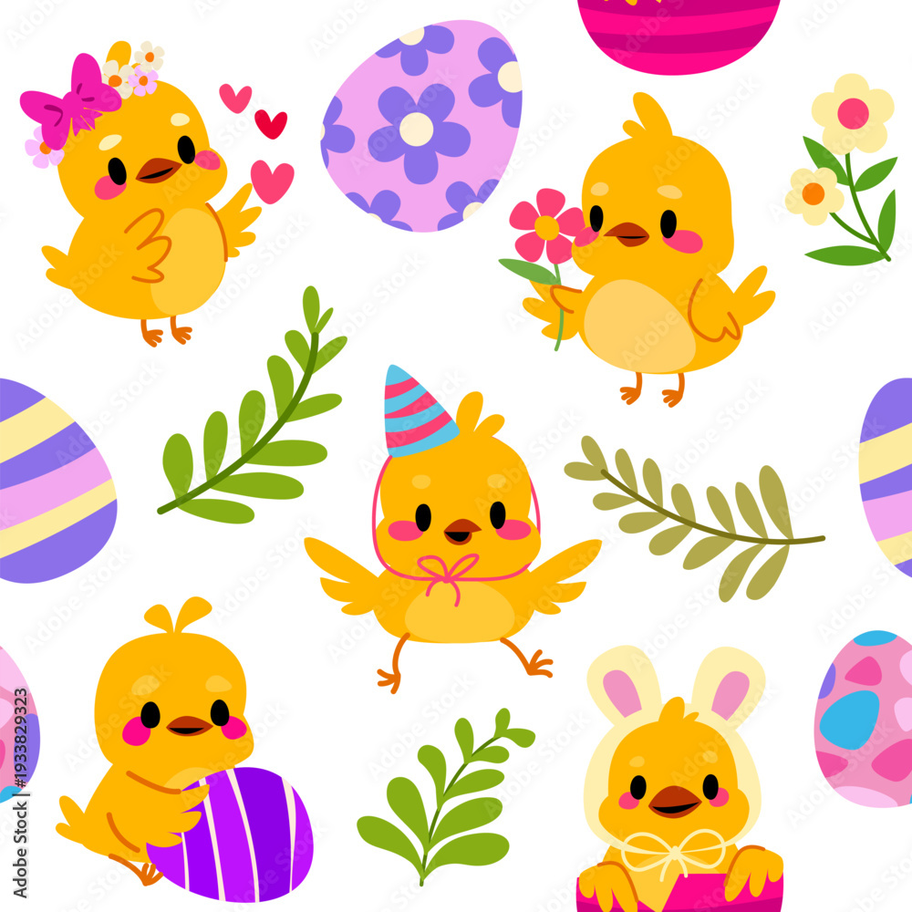 Obraz premium Cute Easter pattern with cartoon yellow chick, wearing hat with bunny ears, colorful eggs and flowers. Seamless background, wallpaper for kids designs, happy baby animals for wrapping paper